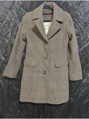 Merona Women's Small brown tweed long jacket Plaid Pattern